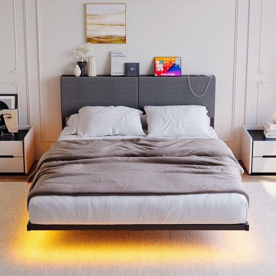 FastShopping - Bett 120 x 200 cm mit LED-Beleuchtung, Ladestation, schwimmende Wirkung, Dunkelgrau Doppelbett mit Abstellraum Kopfteil und Slat Bide