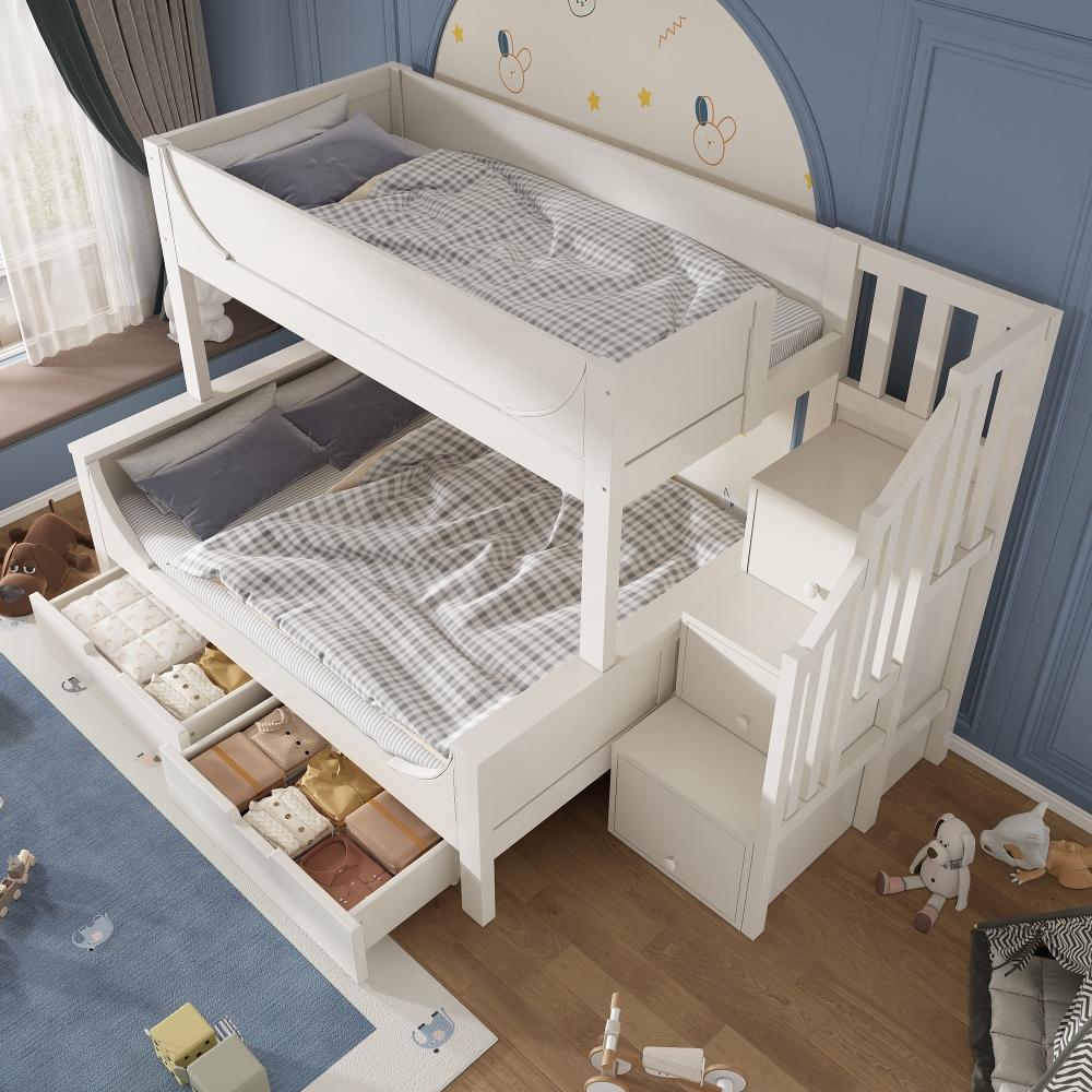 Kinder Etagenbett 90x200 oben 140x200 unten, Etagenbett mit Leiterschrank, Schubladen, Rausfallschutz und Lattenrost, Weiß, 253x148x150cm