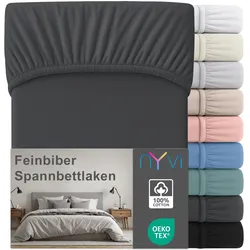 NYVI Feinbiber Spannbettlaken Deluxe für Matratzen bis 25 cm Steghöhe - Extra Warm & Weich, 100% Baumwolle, Bügelfrei, Vorgekrumpft Farbe:Anthrazit;Größe:90x200 cm