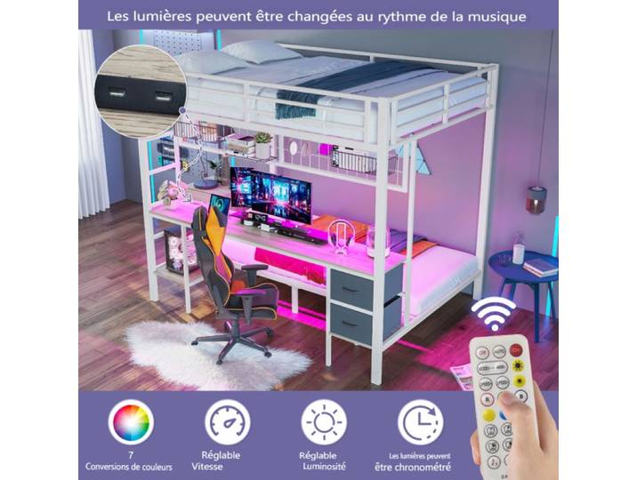 Lit mezzanine - LANGTU - Lit mezzanine 140x200 - LED 7 couleurs - Port USB - Tiroirs et bureau
