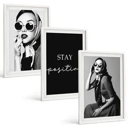 BILDER SET 3er Set - 40x60 cm Weißer Rahmen - Stilvolle Porträts von Frauen mit Brille