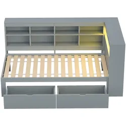 STILVORA Einzelbett Massivholz Grau 90x200 cm mit LED, USB-Steckdose und Stauraum