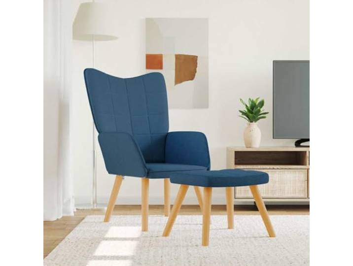 Relaxsessel mit Hocker, blau, Stoff, modern, bequem Stahlrahmen, Füße aus Holz, gepolsterter Schaumstoff, Kapazität 110 kg, schickes Design, weicher Stoff