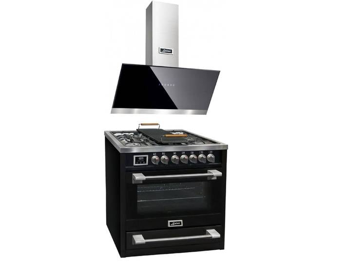 Kaiser Küchengeräte Gasherd-Set Gas Elektro Standherd 90 cm Range Coocker+Dunstabzugshaube,90 cm HGE 93505 S+ AT 9440 ECO., mit 1-fach-Teleskopauszug
