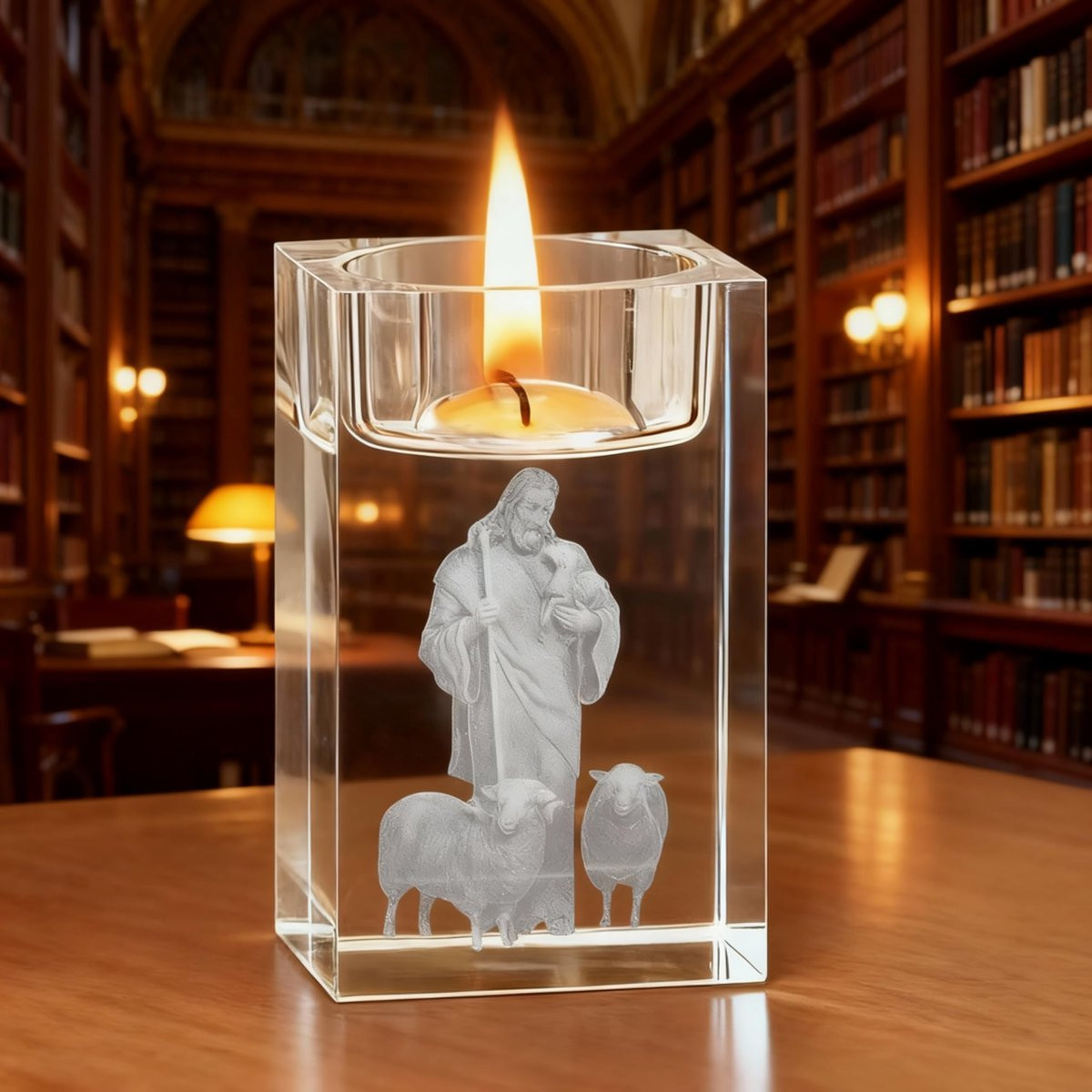 Dailygoods VOSSOT 3D Kristalglas Theelichthouder Jezus Kandelaar voor Decoratie en Geschenken
