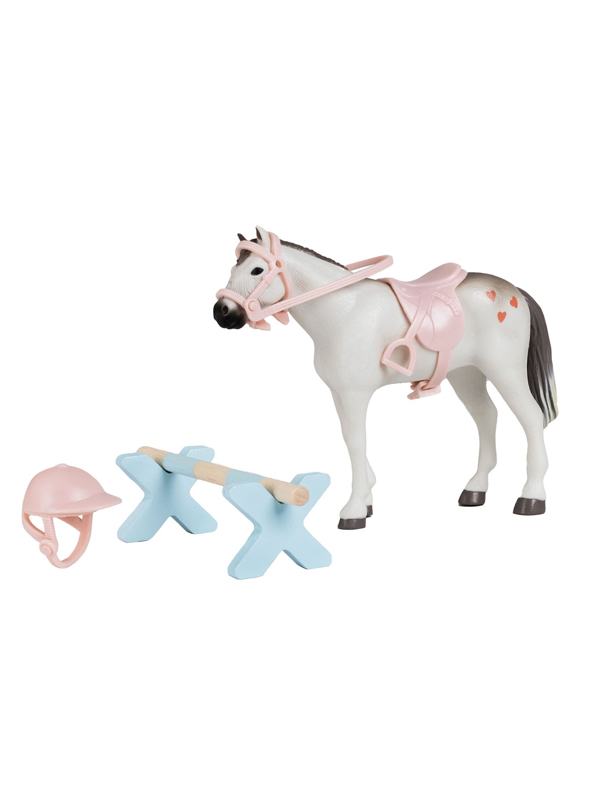 Micki Lundby Pferd mit Reitausrüstung, Helm und Sprung