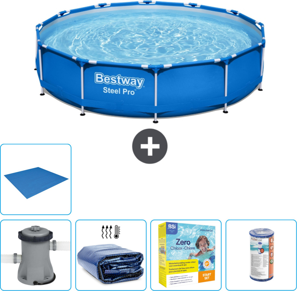 Bestway Round Steel Pro Swimmingpool - 366 x 76 cm - Blau - inklusive Pumpe Sonnensegel - Wartungspaket - Filter - Bodenplane