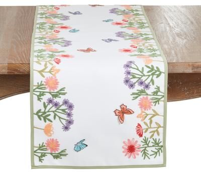 Saro Lifestyle "Embroidered Floral Butterfly Table Runner - Non-Reversible Decorative Table Runner, 16""x70"""