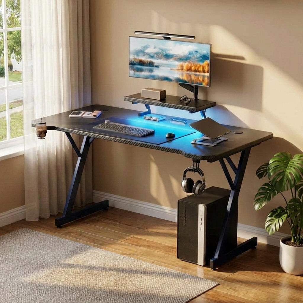 Borough Wharf Ergonomic Computer Desk with Monitor Stands, Gaming Desk with LED Lights Carbon Fibre Surface, Ergonomic Home Office Desks Y Shaped PC Gamer Workstati Black 75cmH×120cmW×60cmD
