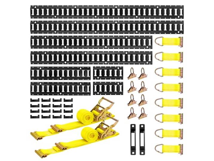 VEVOR Kit Rails Arrimage E-Track\, 8 Rails (1\,5 m + 1\,2 m + 0\,6 m + 0\,3 m)\, 36 Accessoires Dont 2 Sangles à Cliquet 8 Joints Toriques 8 Attaches D 2 Fentes Simples 16 Embouts\, pour Fourgons Remorques
