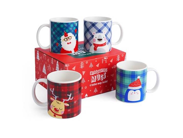 THE TWIDDLERS Set van 4 Geassorteerde Kerstmokken - 340ml Vakantiekopjes met Kerstman, Pinguïn, Teddybeer, Rendier Ontwerp