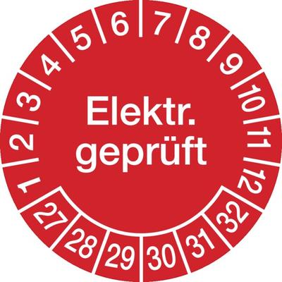 Prüfplakette ab 27, Elektr. geprüft, rot/weiß - Spenderbox à 500 Stück - 30 mm Folie selbstklebend