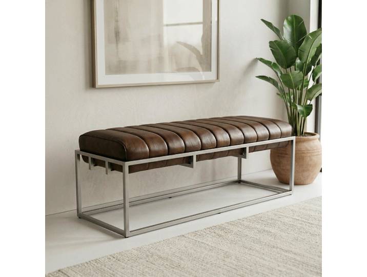 Banc d'entrée vintage en cuir véritable et métal - Norton