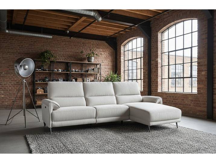 KAWOLA Ecksofa ADRIANA mit Longchair – Entspannung pur – Relaxsofa, Elektrische Liegefunktion, Flachgewebe hellgrau, Wohnzimmercouch