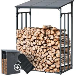 DELUKE® Kaminholzregal Außen mit Dach ELOS 130x70x185cm Metallrahmen, Inkl. Ofenhandschuh Brennholzregal außen Brennholzunterstand Kaminholzunterstand