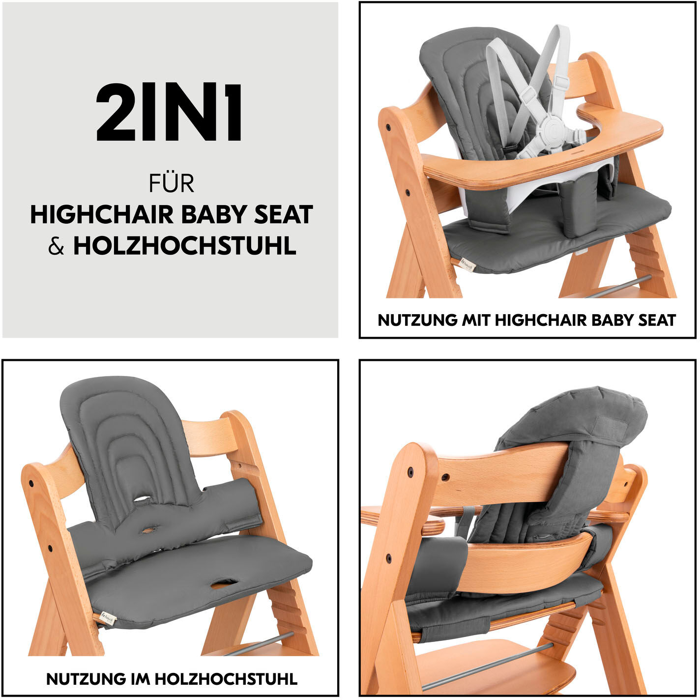 Kinder-Sitzauflage HAUCK "Highchair Baby Seat Pad", grau (dunkelgrau), Baumwolle, Polyester, Kinder-Sitzauflagen, Kinder-Sitzauflage dunkelgrau Einheitsgröße