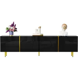 OKWISH TV-Schrank 170x35x46 cm Schwarz Hochglanz mit Türen, Soft-Close-Scharniere, Stauraum, Goldakzente modernes Wohnzimmermöbel