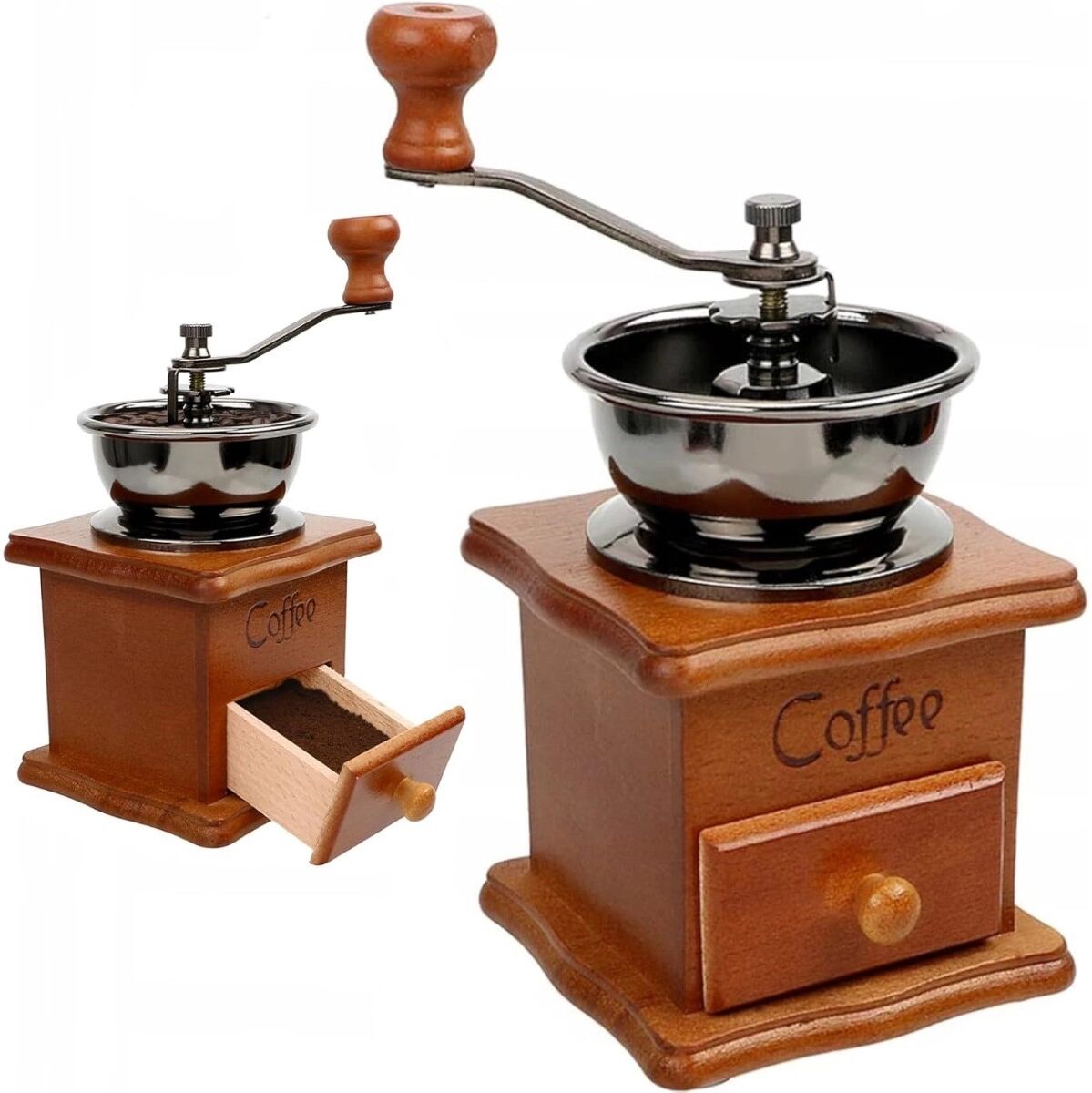 INF Manuelle Handkurbel-Kaffeemühle 317 Kleine Holzbox — Tragbares Keramikmahlwerk, Einstellbarer Mahlgrad, Gusseisenrad,