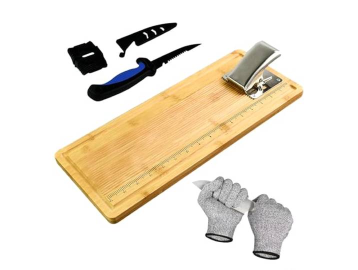 Bambus-Fisch-Reinigungsbrett-Set, rutschfestes Fisch-Schneidebrett-Set, Fischfiletbrett mit Skala, Fischmessbrett, inklusive Fischfiletmesser, Klemme, Spitzer, Handschuhe, Angler-Geschenke, 45,7 cm