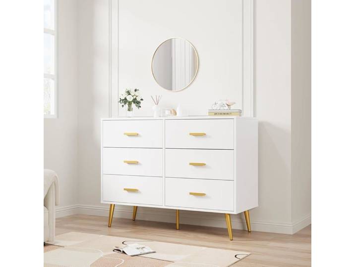 Commode moderne à six tiroirs - LUNSY - 106x40x85 cm - Blanc - Six tiroirs spacieux - Poignées en métal doré