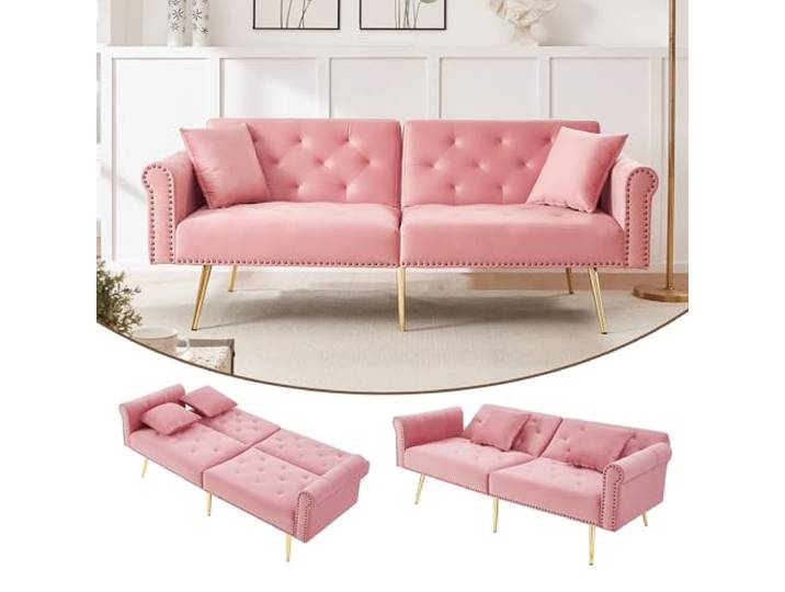 Mielvu Modernes 2-Sitzer-Schlafsofa – Samtbezug, Rückenlehne mit 3-stufiger Verstellung & vergoldete Metallfüße Stilvolles Sofa mit Schlaffunktion – platzsparend, belastbar (Rosa)