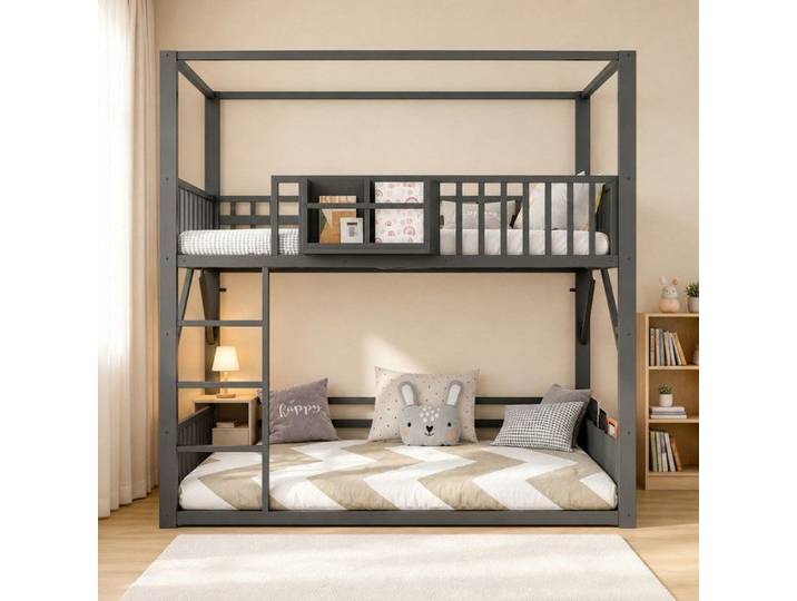Lit superposé 90x200 cm métal structure toit intégrée enfant/ado noir