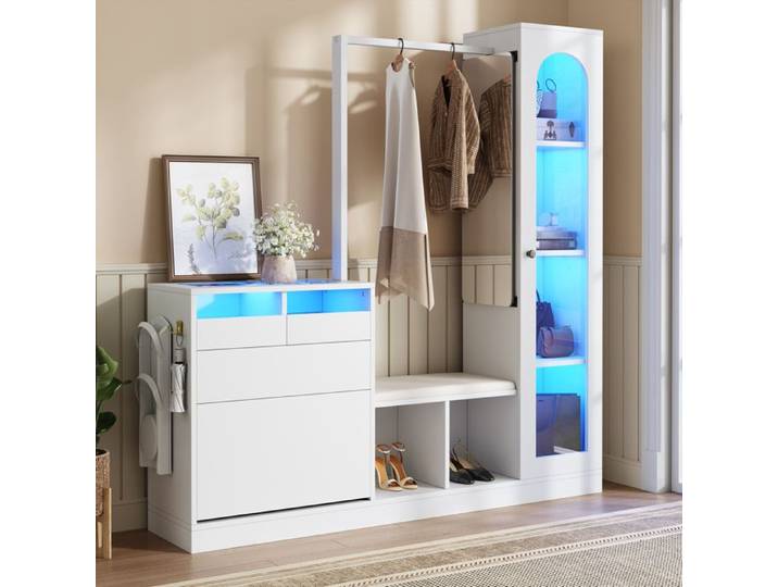 Meuble d'entrée - Becag - Vestiaire d'entrée avec LED et miroir - Avec vitrine en verre et banc - 163x35x161cm - Blanc