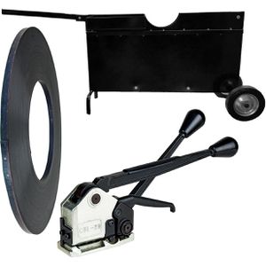 Linder Umreifungsset Stahlband 380 m x 13 mm, Abrollwagen und Umreifungsgerät
