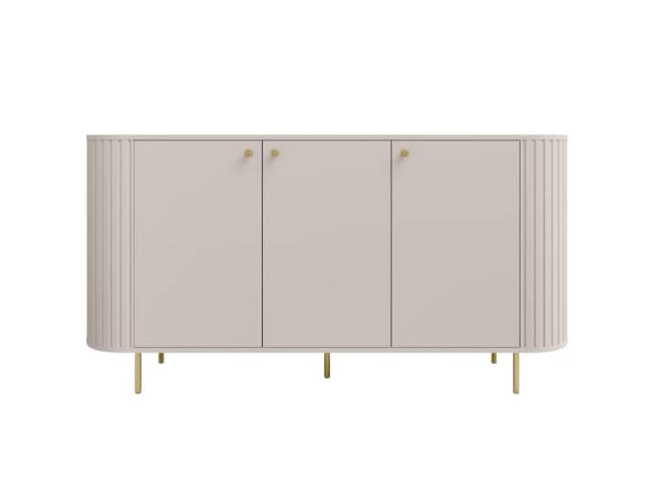 BEAUTY SOFA Kommode Orion 165 cm mit 3 Türen und 6 Fächern, Sideboard mit Soft-Close, geriffelten Seiten, Metallfüßen, Wohnzimmerkommode, Sandbeige