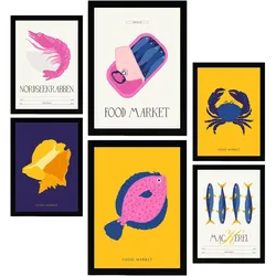 POSTER Set Mit 6 Lebensmittel Und Ernährungs Meeresfrüchte A3 & A4 Rahmenlos