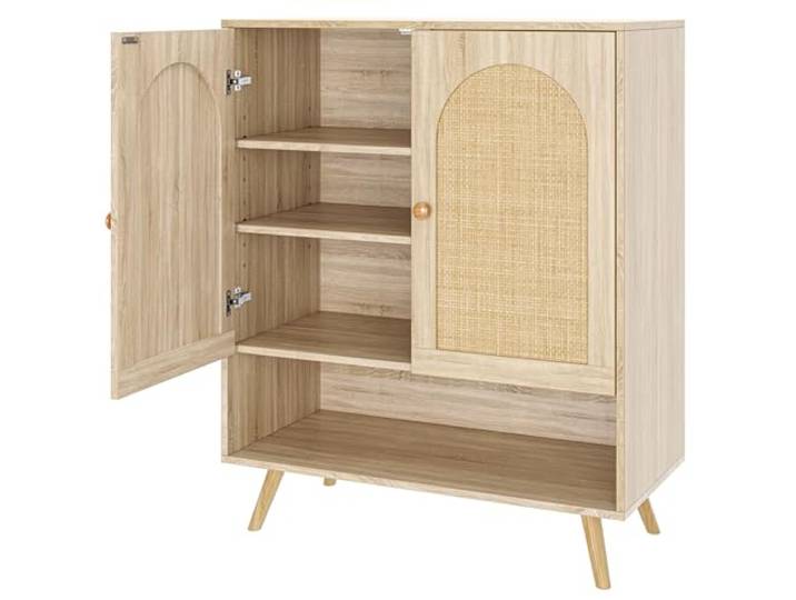 Garvee Doppeltüriger Aufbewahrungsschrank, Eichen-Optik, PB-Platte, Rattan-Design, Sideboard Mit Offener Ablagefläche, Kommode Für Wohnzimmer, Flur, Schlafzimmer, Modernes Möbel Für Mehr Stauraum