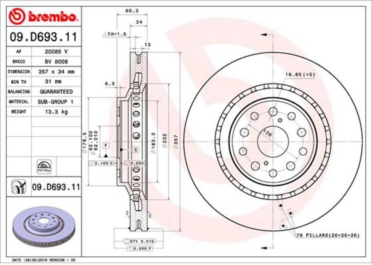 Bremsscheibe BREMBO 09.D693.11, vorne, belüftet, 1 Stück