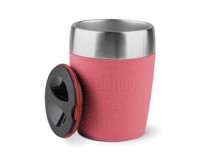 Emsa Travel Cup 0,2 Liter, Doppelwandiger Edelstahl, Spülmaschinenfest, Drehverschluss, 360 Grad Trinköffnung, Soft Touch Sleeve aus Silikon, 514517, Koralle