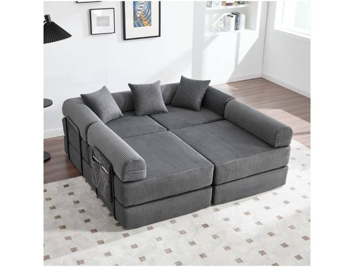 Canapé familial modulable avec rangement emballage sous vide adapté aux animaux domestiques gris foncé