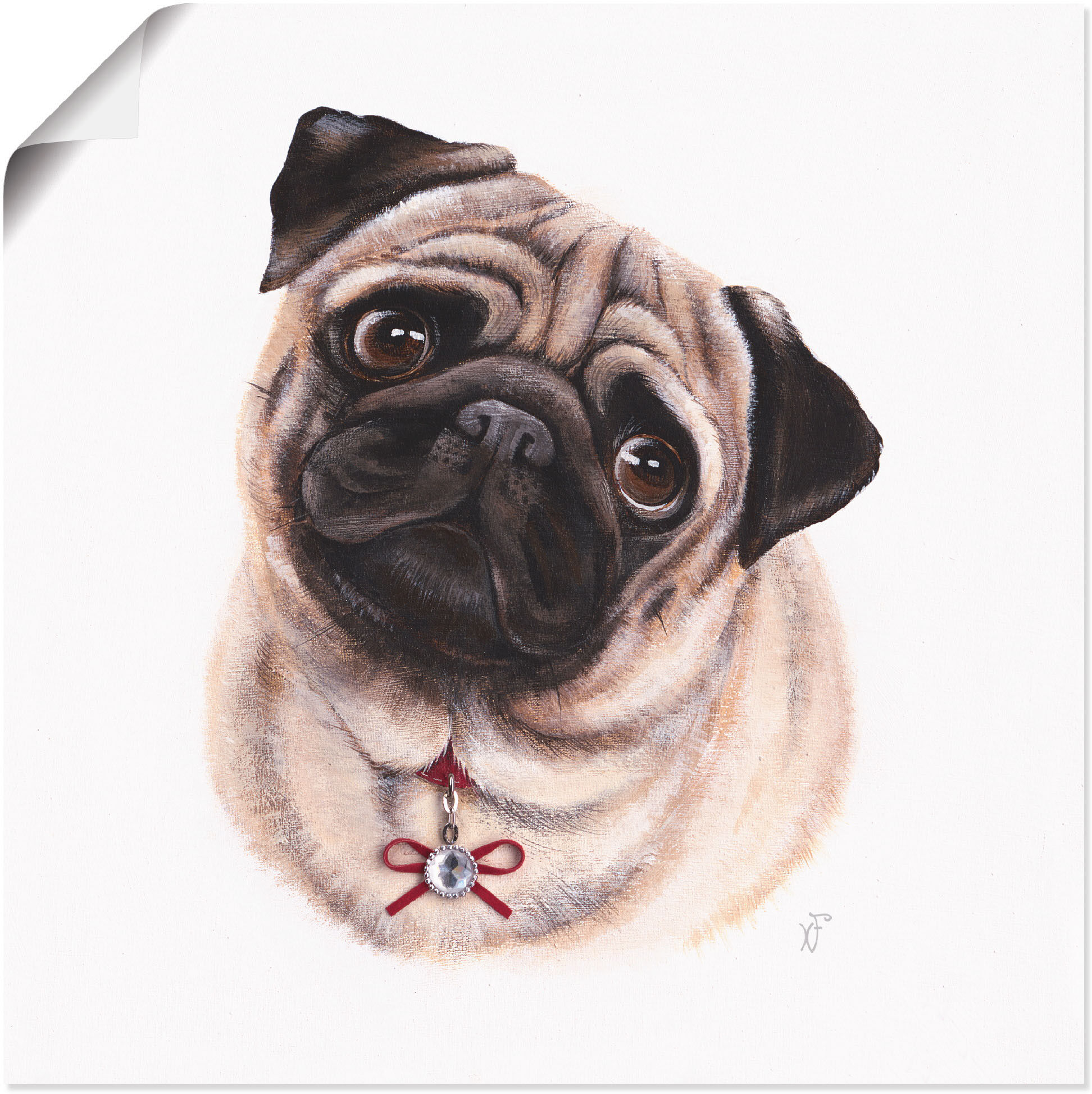Poster ARTLAND "Mops mit Diamanten", schwarz (farbe bild(er): schwarz), B:50cm H:50cm, Bilder, Poster, ohne Rahmen farbe bild(er): schwarz B/H/T: 50cm x 50cm, Poster Hundebilder quadratisch, 1 Stk.