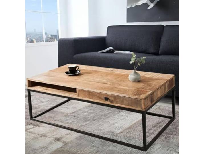 Couchtisch mit Schublade und Ablage AMBA 100cm Mangoholz Metallbeine