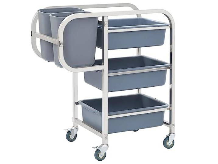 GBCDSWBR Servierwagen mit Rollen 82x43,5x93 cm, Edelstahl Küchenwagen mit 5 Kunststoffbehältern, Etagenwagen für Gastronomie und Haushalt, Servierrollwagen mit Bremsen