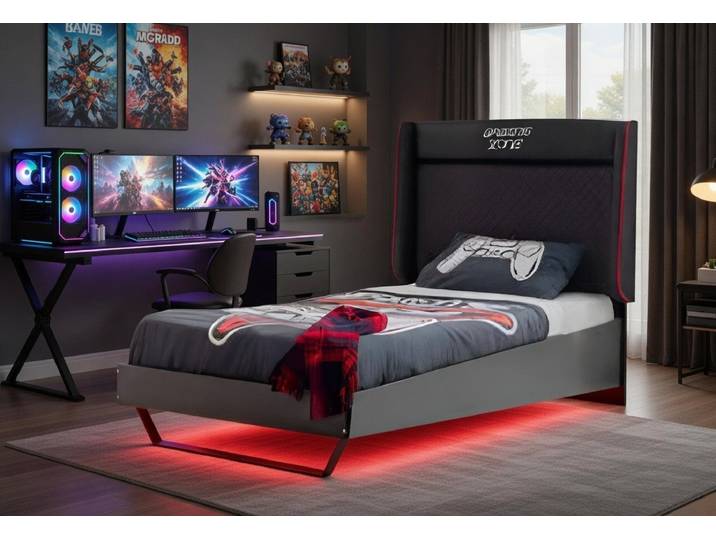 JVmoebel Kinderbett Kinder Gaming Bett schwarz rot mit LED Beleuchtung, Made in Europa
