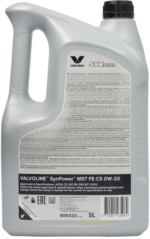 Huile moteur VALVOLINE 908841 Synpower MST FE C5 0W20 5L