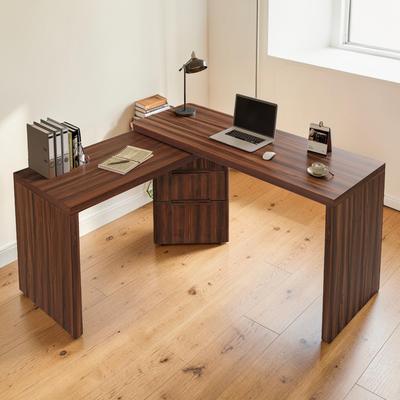 Fundinbaths 90 Inch L-Shaped Executive Desk with 360° Rotating Design and 3 Drawers, Modern Corner Desk