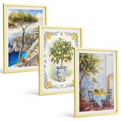 BILDER SET 3er Set - 40x60 cm Goldrahmen - Blick auf das Meer aus Zitronenbäumen