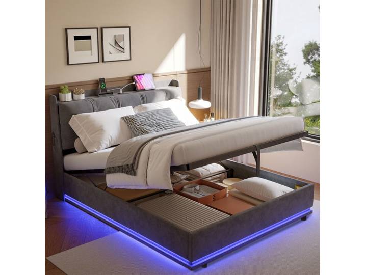 160x200 Stauraumbett Samt hellgrau Doppelbett mit LED-/USB-Anschluss gepolstertes Kopfteil Erwachsenenbettrahmen