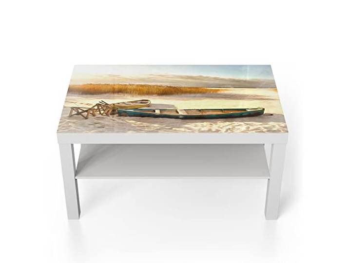 DEQORI Glastisch weiß groß 90x50 cm Motiv Holzboote im Dünensand ausgefallener Beistelltisch aus Glas Hochglanz Couchtisch fürs Wohnzimmer moderner Couch Tisch mit Design