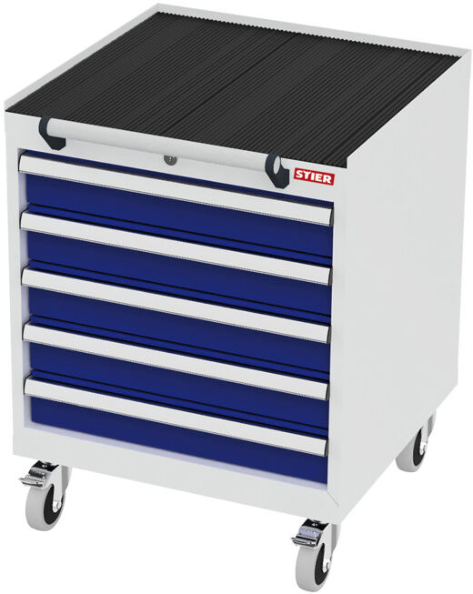 Armoire à tiroirs mobile STIER, avec 5 tiroirs, lxPxH 600x575x790 mm, gris clair/bleu gentiane (905039)