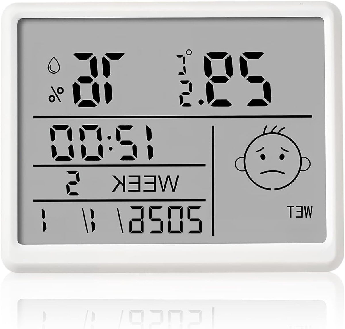 Compacte digitale bureauwekker met LCD-display, datum, dag, temperatuur en vochtigheid, magnetisch en batterijgevoed