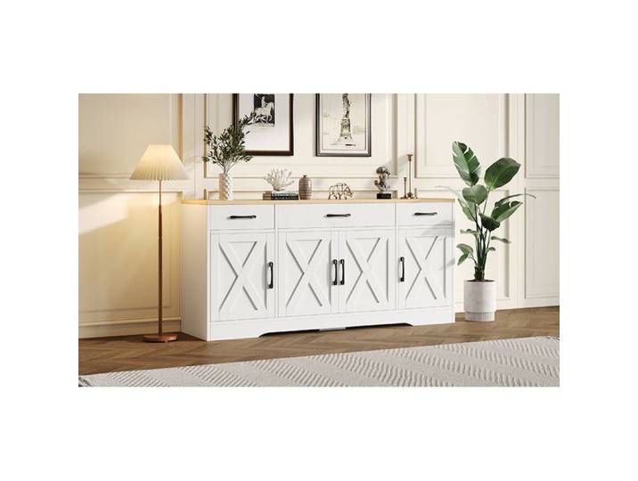 ROVRYN Buffet bas 160 x 37 x 75 cm blanc et décor bois MDF 3 tiroirs 4 portes