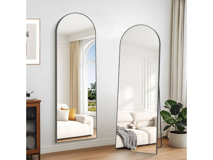 Miroir pleine longueur arqué 162 x 50 cm avec support miroir de sol cadre en alliage d'aluminium, miroir complet du corps, autoportant, mural