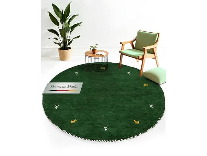 carpetfine Wollteppich Gabbeh Uni Rund Grün Ø 250 Moderner Teppich für Wohn- und Schlafzimmer