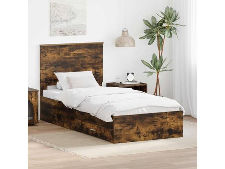 RJPLMFV Bettgestell, rauchige Eiche, 90 x 190 cm, Holz Mit Aufbewahrungsschubladen, Lattenrost inklusive, silberfarbene Griffe, pflegeleicht
