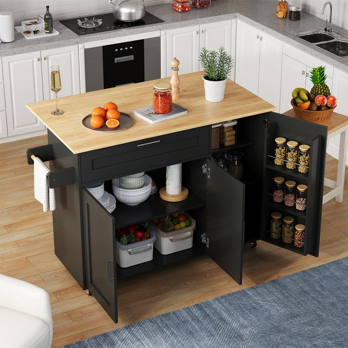 HAUSS SPOLE Keukenwagen met uitklapbaar werkblad in eikenlook, Zwart/Naturel, B: 132,5 cm, D: 44(70) cm, H: 90 cm